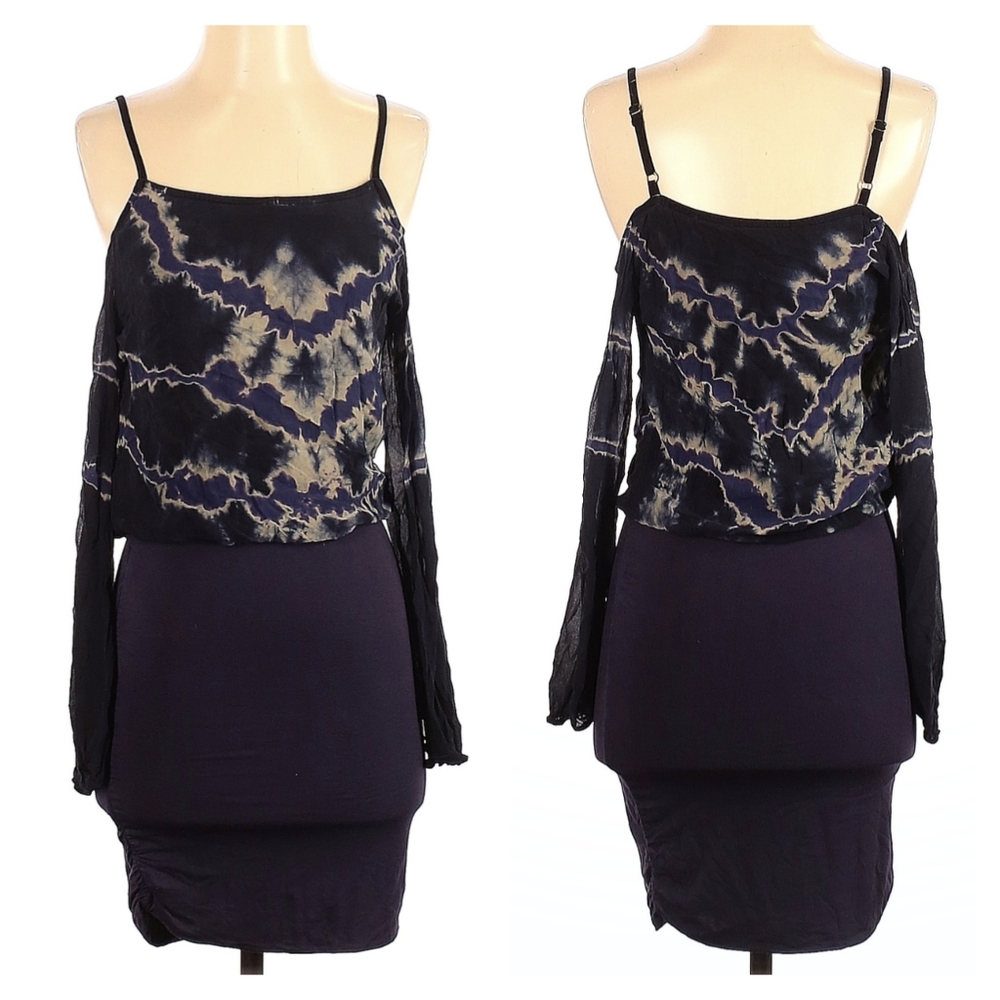 Gypsy 05 Indigo Tie Dye Silk Cold Shoulder Mini Dress XS